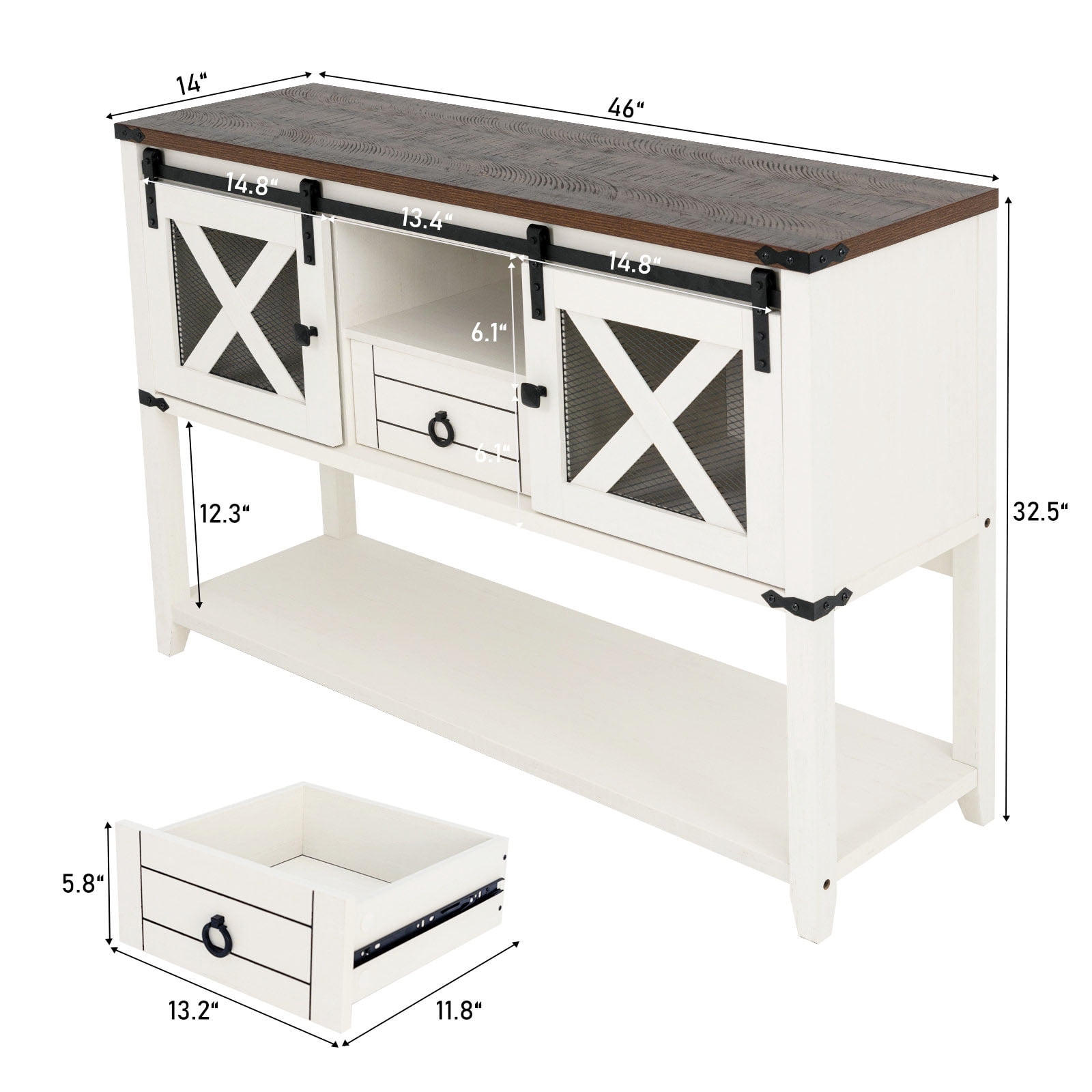 ANPOO Rustic Sofa Table, Large Console Table Entryway Table with 2 Barn Door Cabinets & 1 Drawer for Living Room