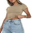 thumbnail image 3 of Femmes Manches Courtes Slim Crop Top Casual Base Solide Pulls Tee Shirts Femme Streetwear Base Tees Tops Marron S, 3 of 8