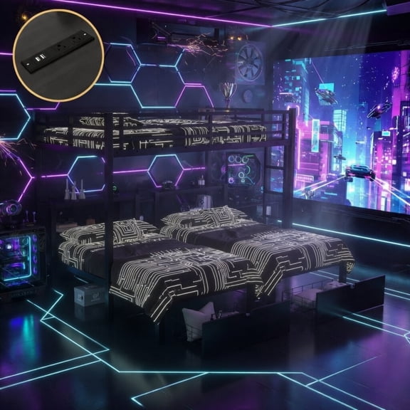 Triple Bunk Bed with Drawers, Full XL Over Twin & Twin Metal Bunk Bed with Shelves & USB Charging, Space Saving Multi-functional Bed with Storage for Shared Rooms, Black