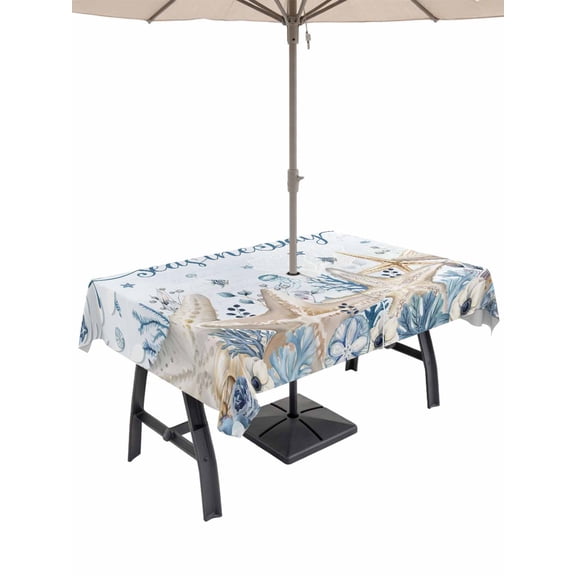 Outdoor Tablecloth with Umbrella Hole for Patio/Picnic/Party/Camping, Blue Starfish Coastal Waterproof Table Cloth Rectangle Table Cover Washable, Nautical Summer Beach Ocean Sea (60"x 84")