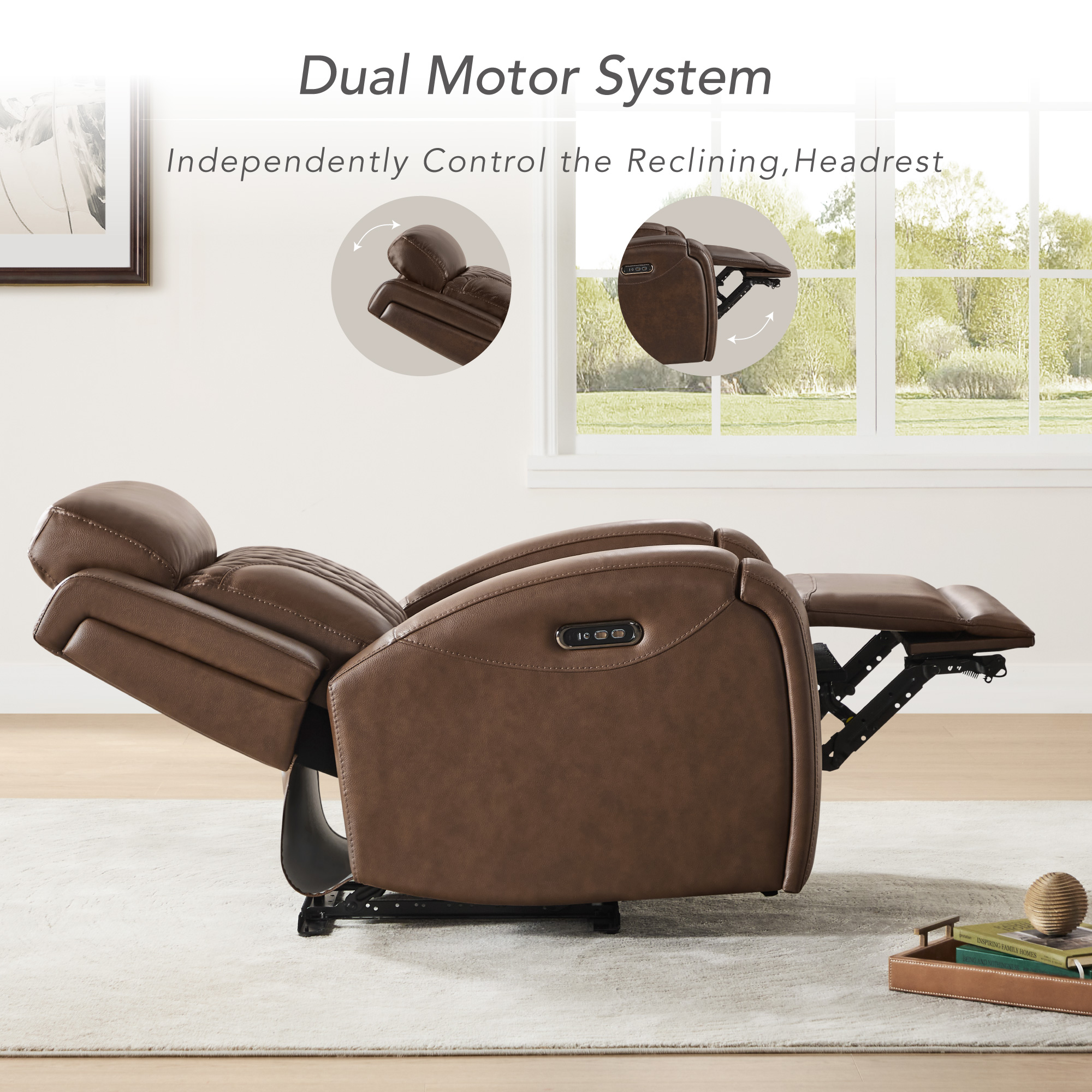 Spruce & Spring Leather Dual-Motor Lay Flat Recliner with Diamond Quilting, Cafe