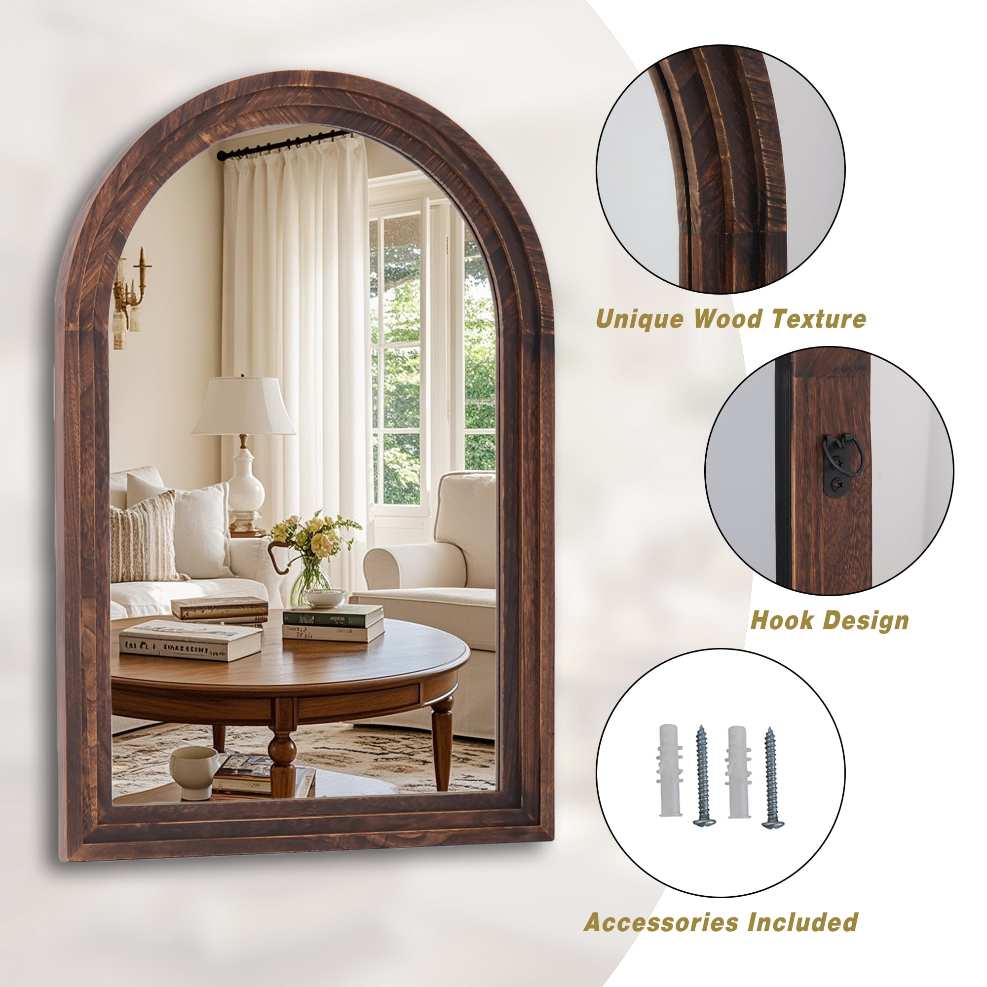 Mirrasia 30"x 40" Arched Vanity Mirror Decor Wall Mirror with Solid Wood Frame, Brown