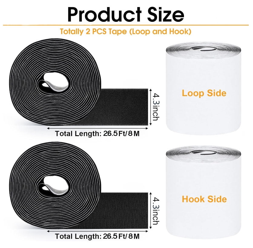 4.3"×26.5Ft Heavy Duty Velcro Hook and Loop Tape, Adhesive Rug Gripper, Outdoor Couch Cushion Grip, Anti-Slip for Carpets Mattresses Wall Hanging, Black