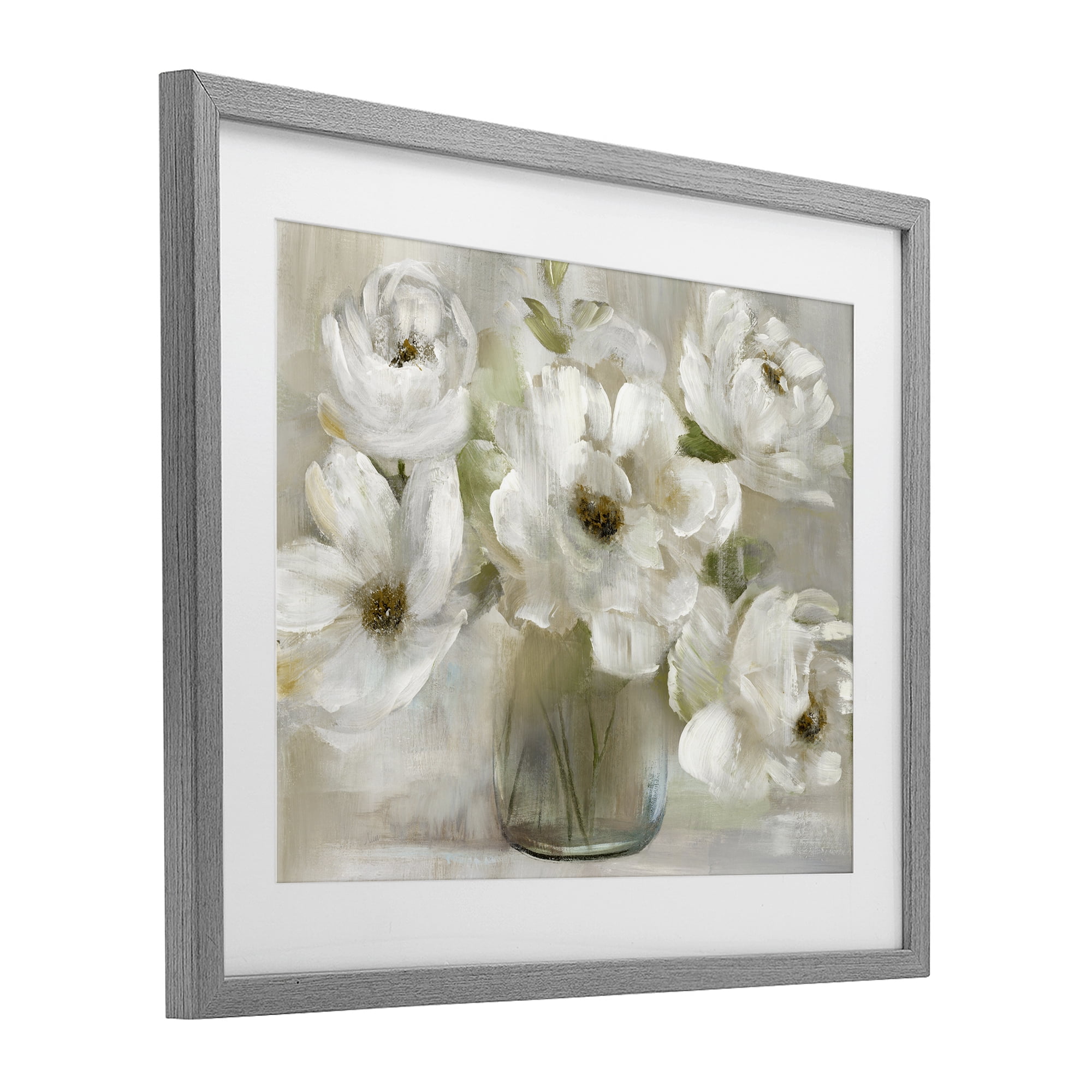 Stupell Industries Gentle White Petals in Vase Gray Framed Print Under Glass, design by Nan