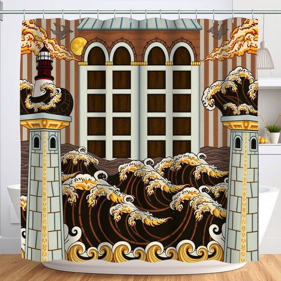 Colorful Abstract Shower Curtain with Lighthouse & Waves - Modern Japanese Woodblock Design