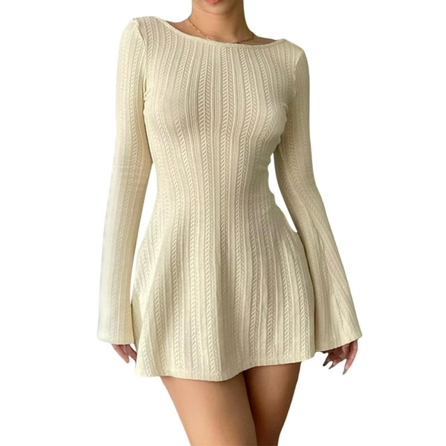 xiaxaixu Robes Mini pour Femmes 2023 à Manches Longues Col Ras du Cou Dos Nu Robe Trapèze Unie pour Fête Boîte de Nuit