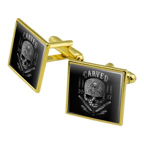 Carved One Shot Kill USA Flag Skull Tactical Square Cufflink Set - Silver or Gold