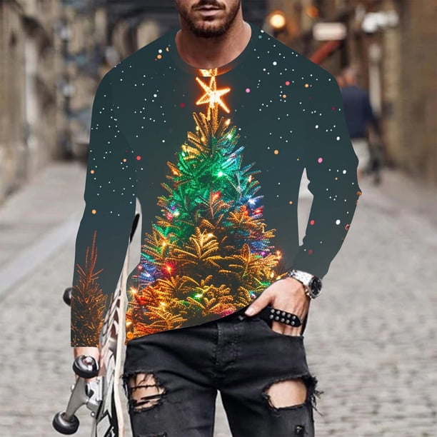 Blusas y camisas de manga larga con cuello redondo para hombre, moda navideña, informal, estampado, cuello redondo, manga larga, blusa estampada para hombre, blusa de poliéster