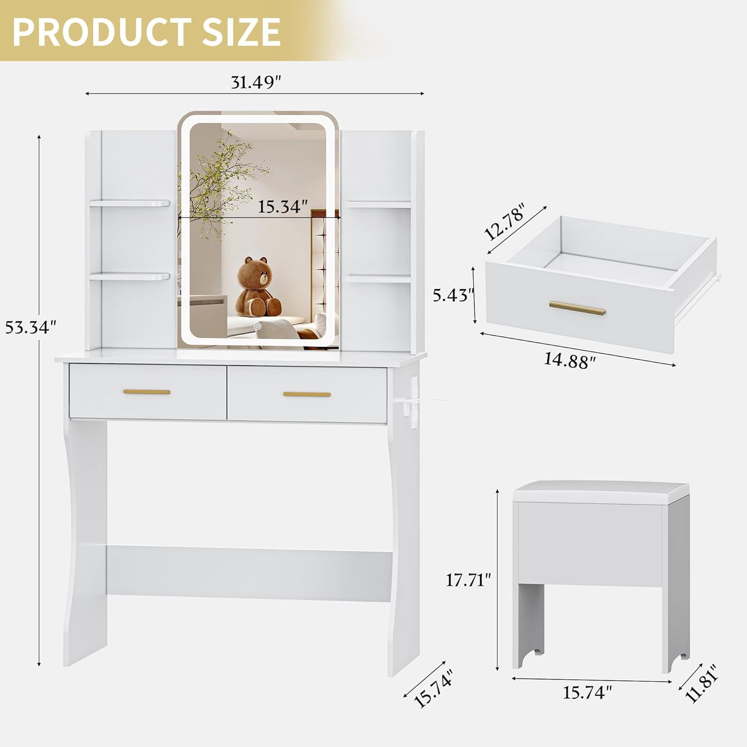 FANRAL Vanity Set with Mirror and Lights,31.5" Small Vanity Bedroom Vanity Desk,Makeup Vanity with Chair & Drawers & Power Outlet,White Vanity