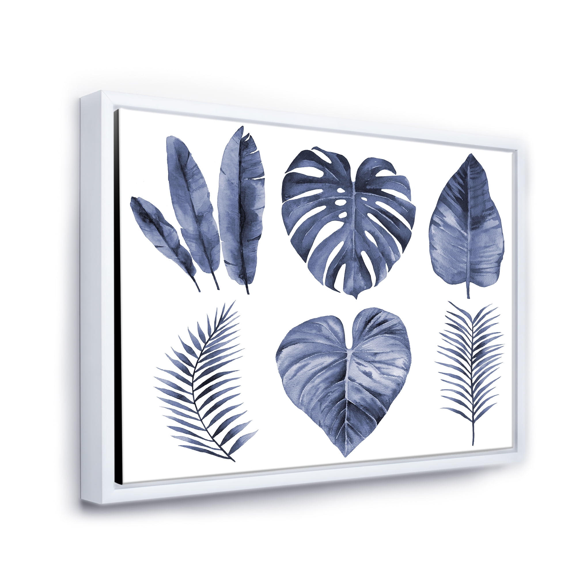 Designart 'Blue Watercolour Tropical Leaves I' Farmhouse Framed Canvas Wall Art Print