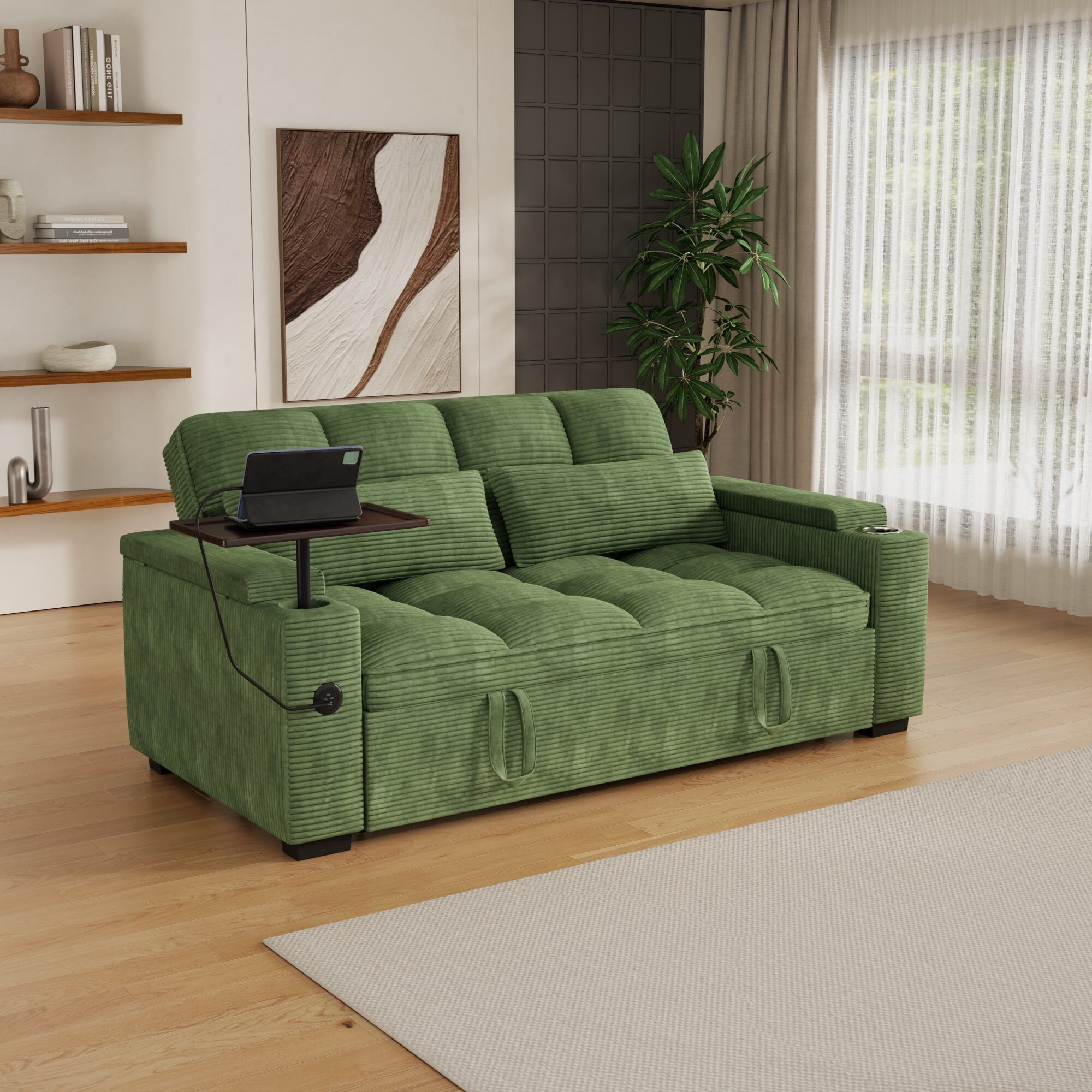 DEALTOPS 65" Corduroy Sleeper Sofa Bed, 3-Position Pull Out Couch with 360° Swivel Table, USB & Storage, Green