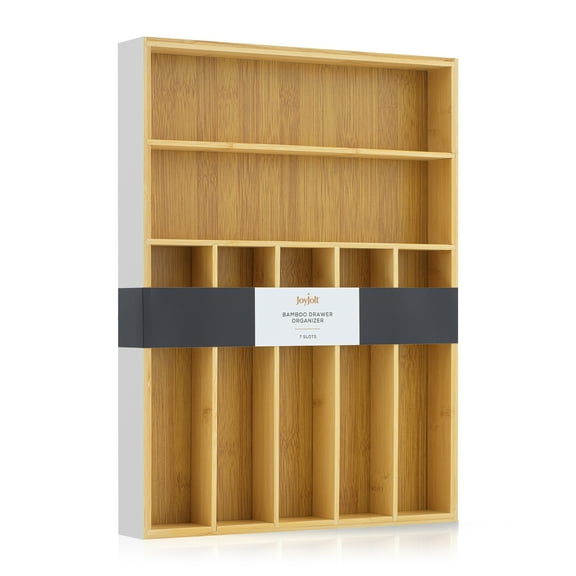JoyJolt Bamboo 7 Slot Drawer Organizer for Kitchen Utensils, White