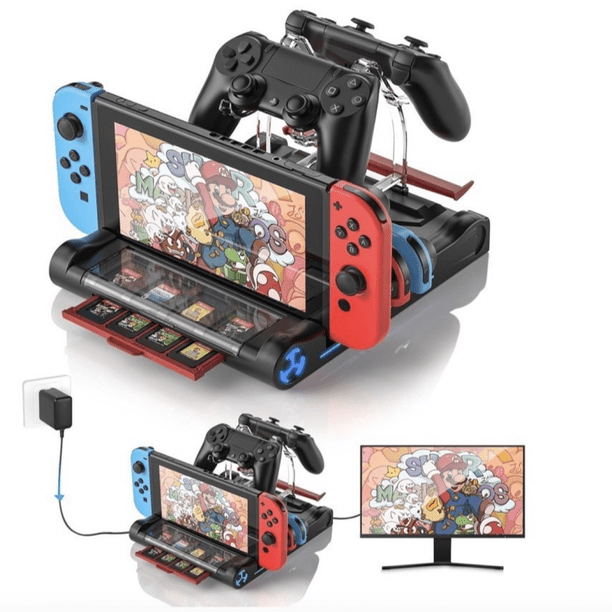 Base multifuncional para Nintendo Switch/Switch OLED: centro de almacenamiento y carga con salida HDMI 4K con capacidad para 4 Joycons y 2 mandos Pro + 8 tarjetas de juego. Carga rápida PD de 95 W