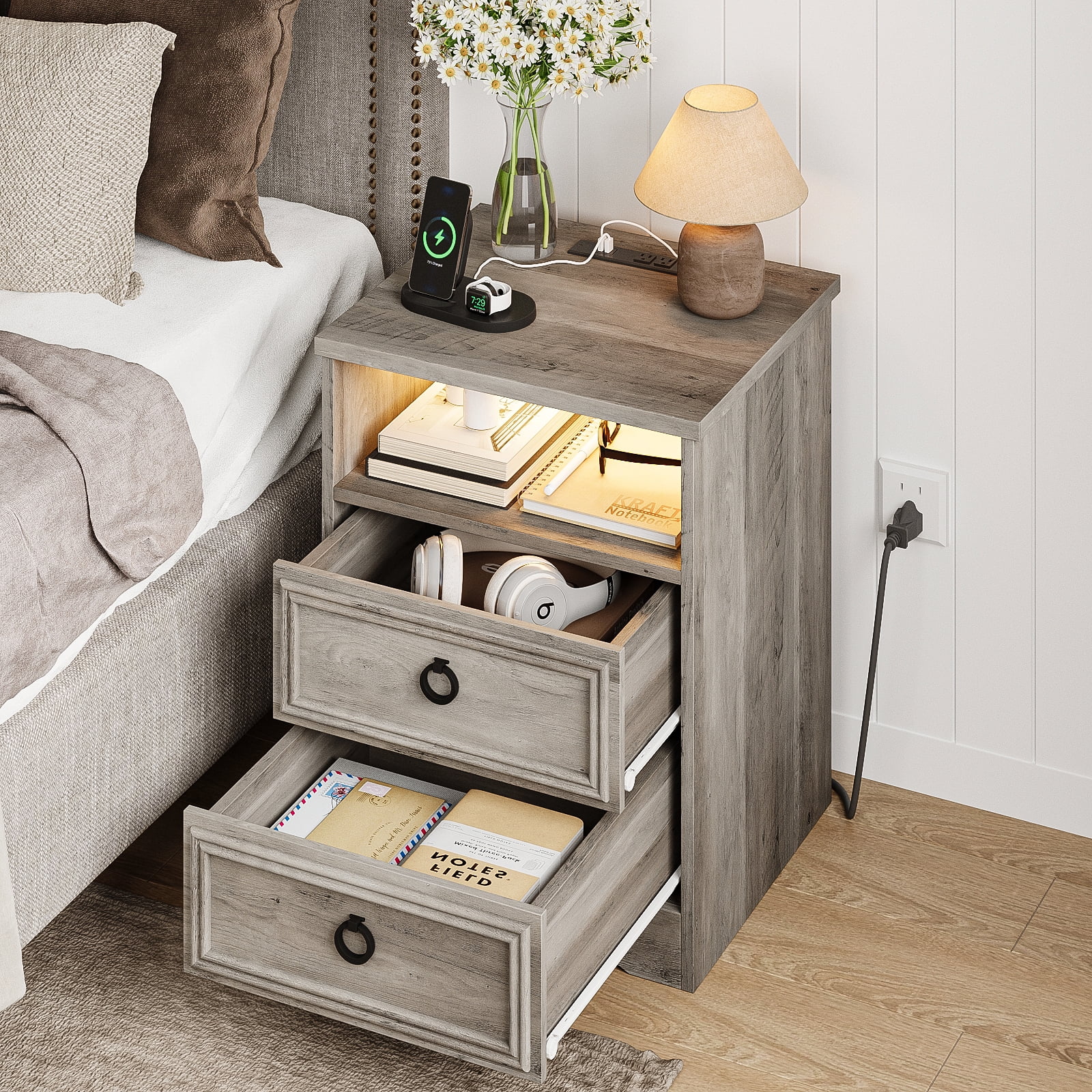 Nightstand Bedside Table with Charging Station Set of 2, 2 Drawer LED Dresser for Bedroom Furniture, Gray