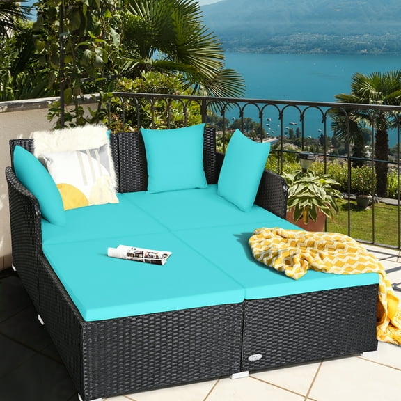 Gymax Rattan Patio Daybed Loveseat Sofa Yard Outdoor w/ Turquoise Cushions Pillows