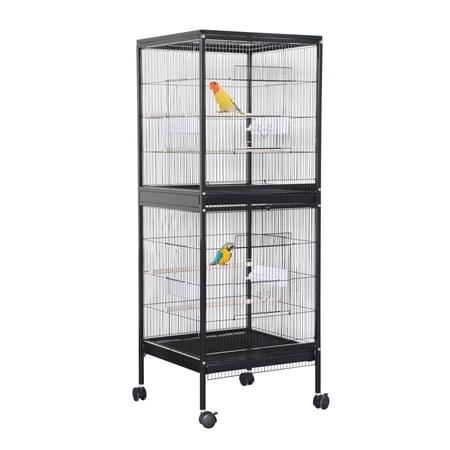 55" Large Parrot Bird Cage with Wooden Perches, Double Stackable Metal Cage with Pull Out Tray Standing Birdcage Bird Aviary Indoor with Multi Door Design for a Canary Black