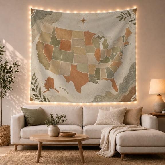 United States Map Among Contour Lines and Leaves, Cozy Vintage for Geography Fans, Cartography Decor, Housewarming Gift, Tapestry Wall Hanging for Study Room and Den