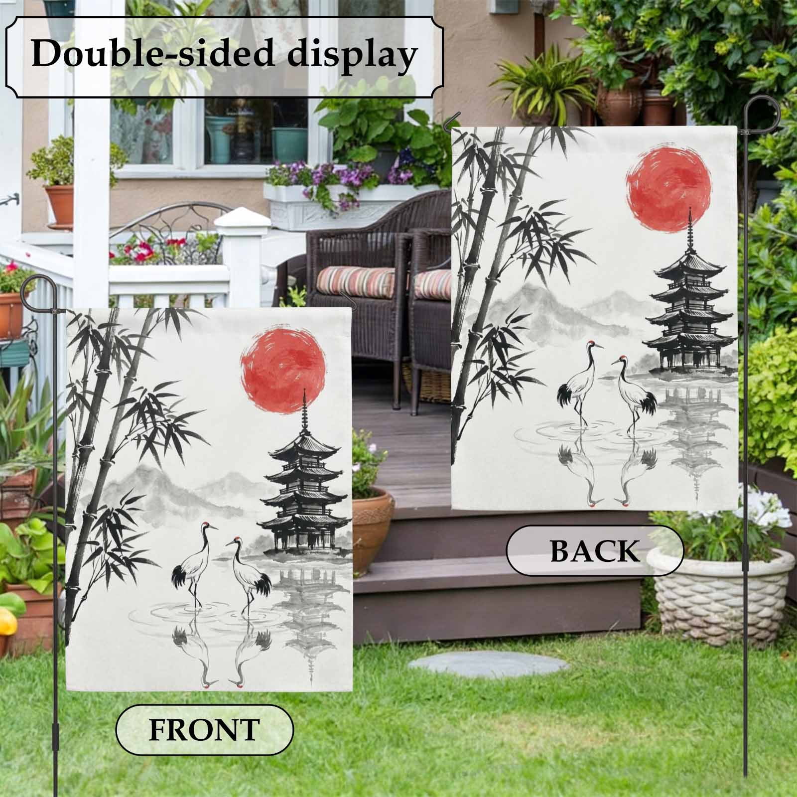 White Crane House Flag 28 x 40 Inches, Ink Wash Gray Black Bamboos Trees Japanese Pagoda Red Sun Weather Proof Outdoor Patio Flags Double Sided Small House Decoration for Yard Lawn Outside Home