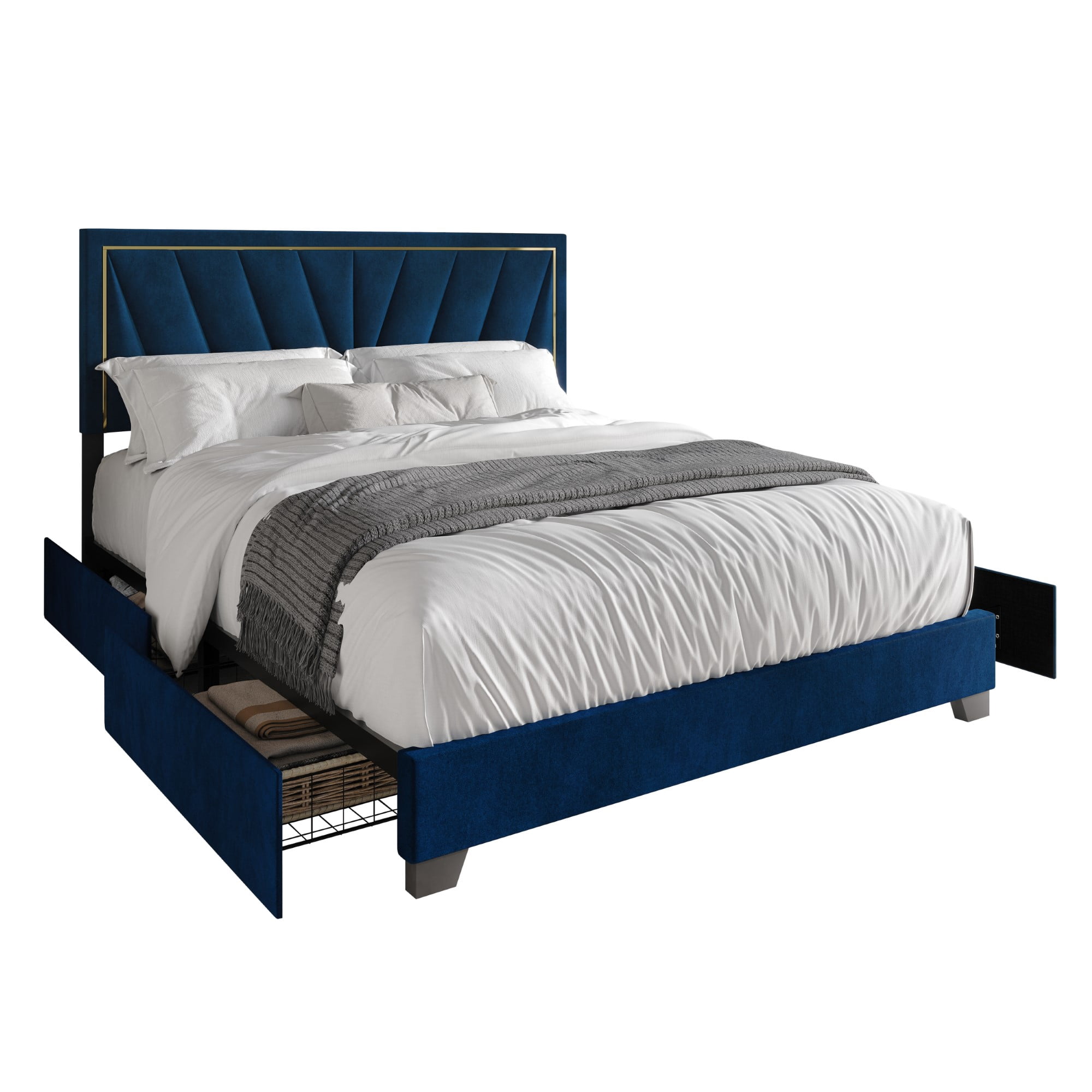 Home Design Valdez King Upholstered Storage Platform Bed Frame with Gold Aluminum Trim and Four Under-Drawers, Blue, Easy Assembly