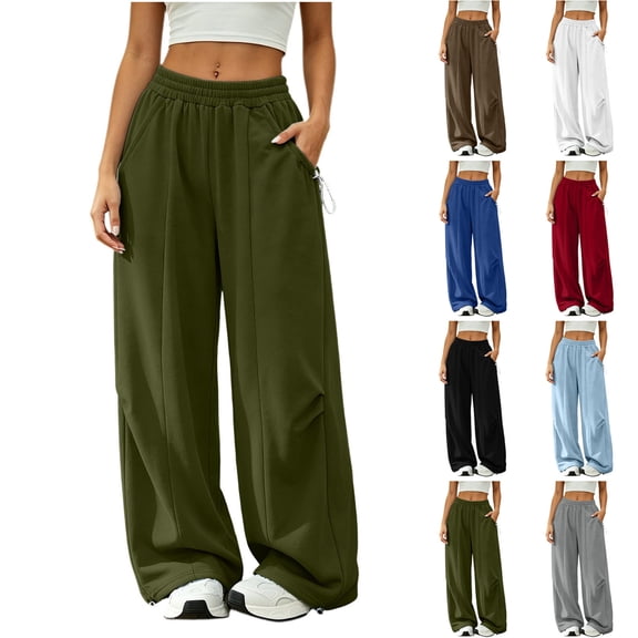 LEAVINGSUO Womens Wide Leg Sweatpants Fashion Solid Color Loose Elastic Waist Drawstring Strap Cargo Long Pants Black S