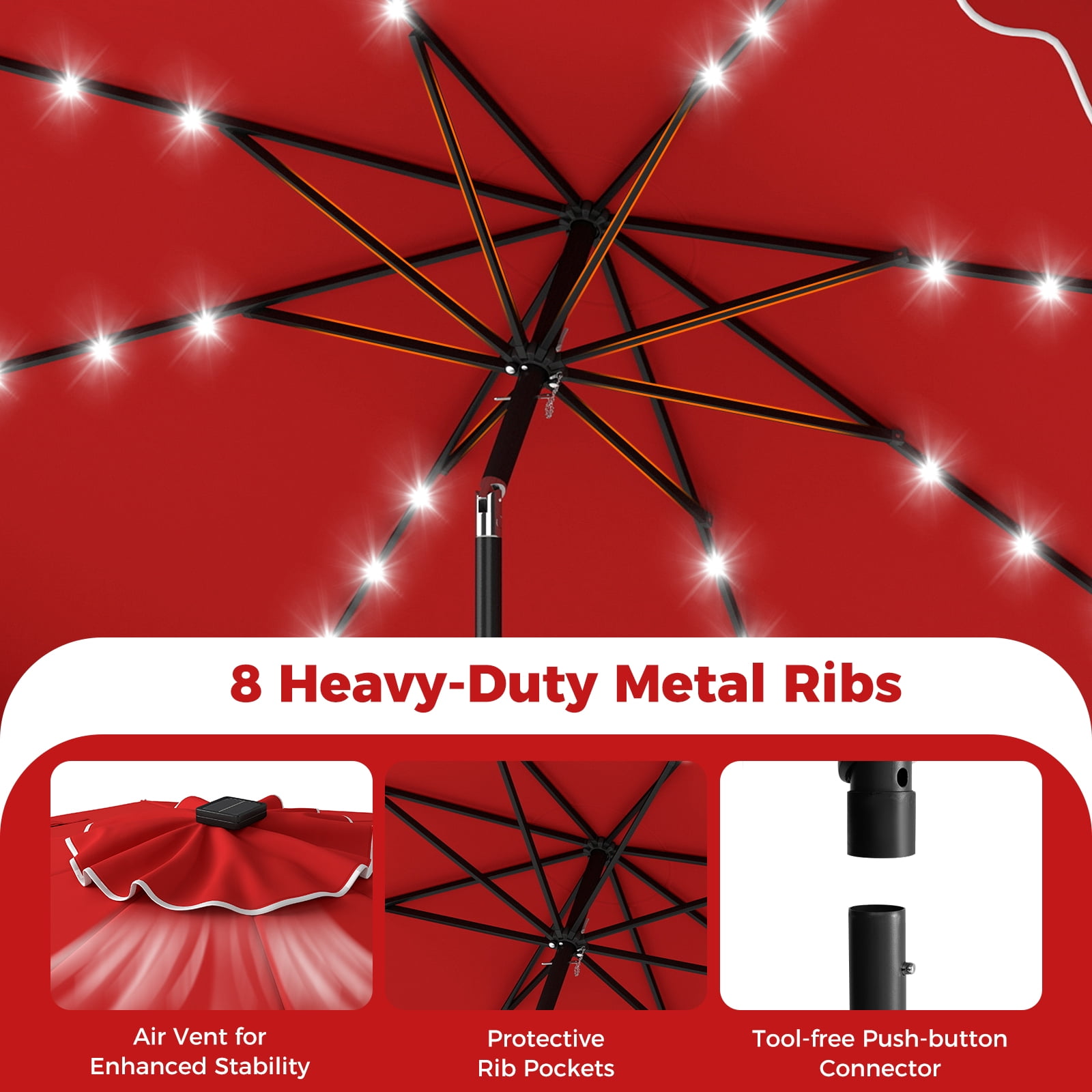 Costway 10 FT Outdoor Patio Umbrella with 32 Solar LED Lights & Weighted Base, Sandbags Red