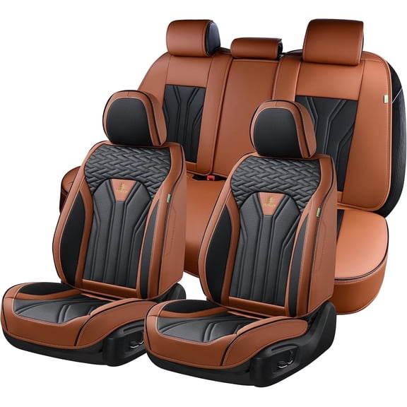 FLORICH Car Seat Covers Full Set, Comfortable Faux Leather Seat Protectors, Automotive Cushions Universal Fit for Most Cars SUV Trucks, Black&Brown