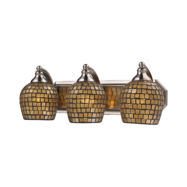 Bathroom Vanity 3 Light With Satin Nickel Finish Gold Leaf Mosaic Glass