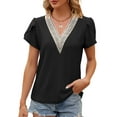 thumbnail image 2 of TEMOFON Women's Petal Sleeve Tops Color Block Summer Casual Tshirts Loose Fit Shirts Fashion Lace V Neck Black Tees Plus Size XXL, 2 of 4