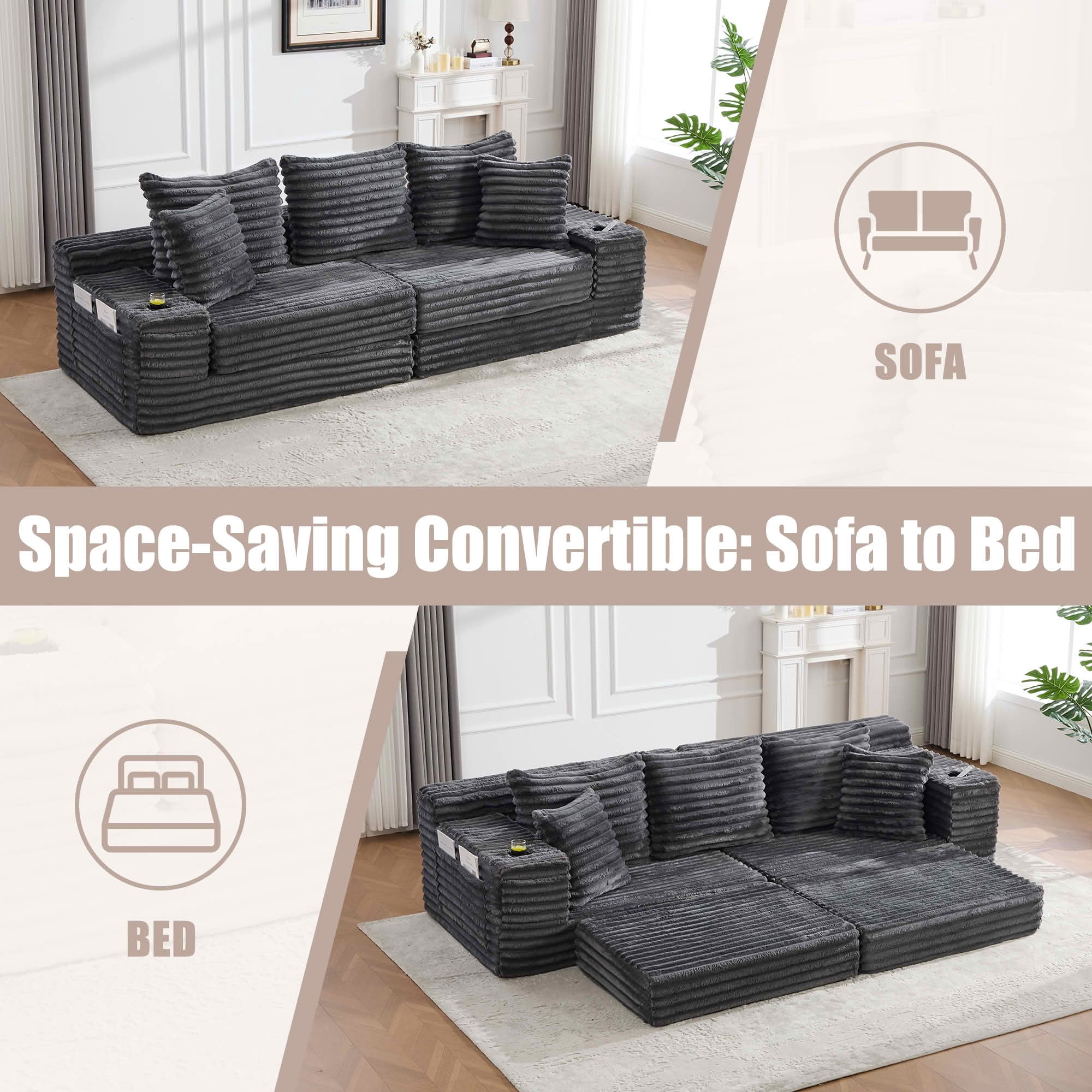 MAYEERTY 4-Seater Boneless Cloud Sofa Bed, Breathable Corduroy Upholstered Couch with Pillows, Cup Holders & Side Pockets, No Assembly for Home Small Spaces