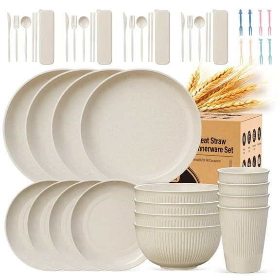 TINANA Wheat Straw Dinnerware Set, Service for 4, 48 PCS Unbreakable Plastic Plates and Bowls Sets, Dishwasher Microwave Safe, Beige