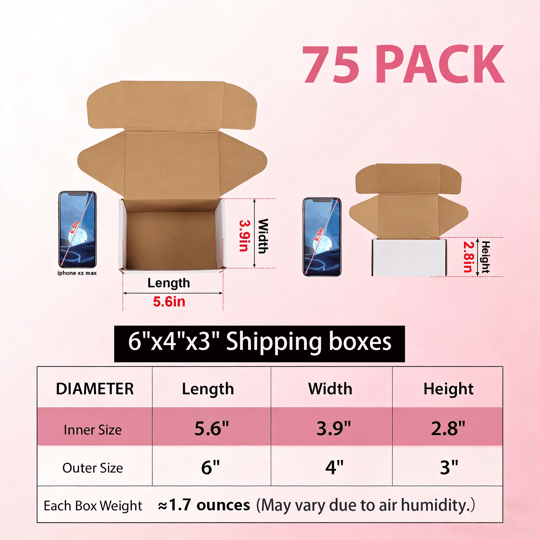 (75 pack)6x4x3 Shipping Boxes, Small Tuck-Top Corrugated Box, Mailer Box, white