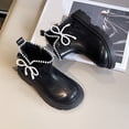 thumbnail image 6 of Kids Girls Slip On Leather Combat Boots Fleece Lined Fashion Pearl Bows Ankle Booties Wide Toe Box Riding Dress BootsBlack Size 9 Toddler, 6 of 7