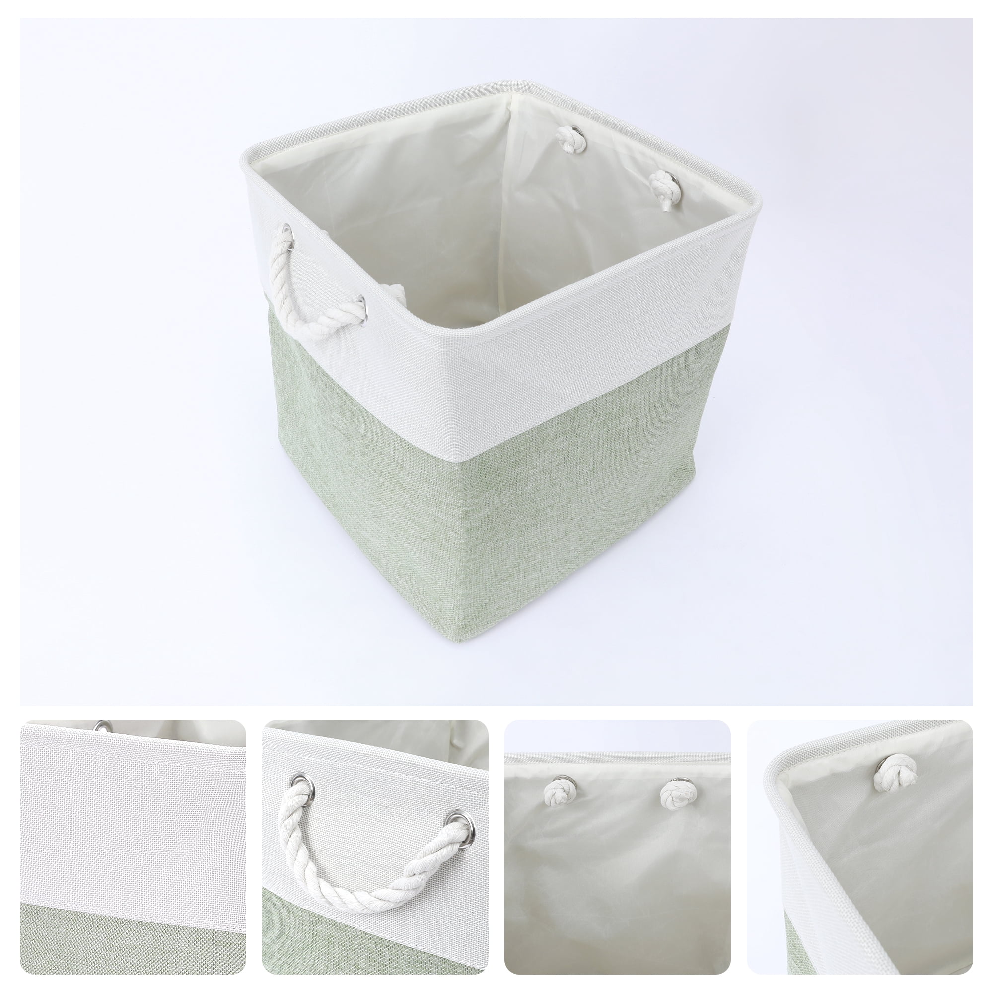 Unique Bargains Square Fabric Storage Basket Bin White/Green 13inch