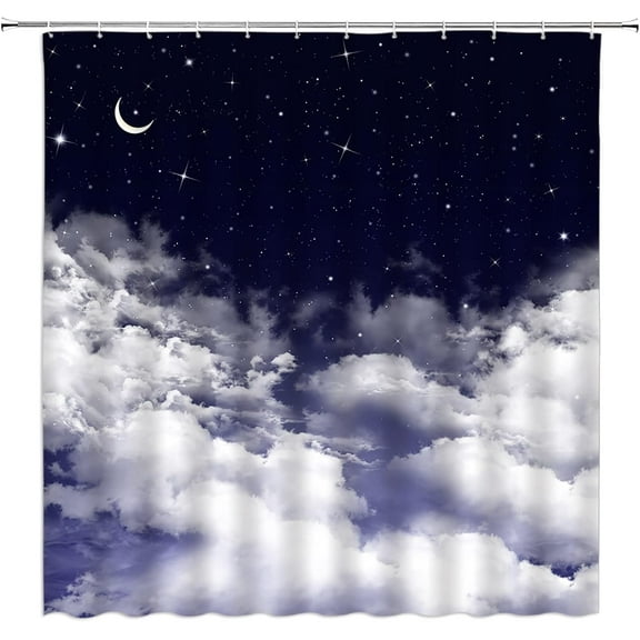 Moon Shower Curtain Night Starry Sky (No Glitter) Stars Fantasy Galaxy Universe Black Cosmic Fabric Bathroom Curtains Decor Set with Hook(72" Wx84 H)