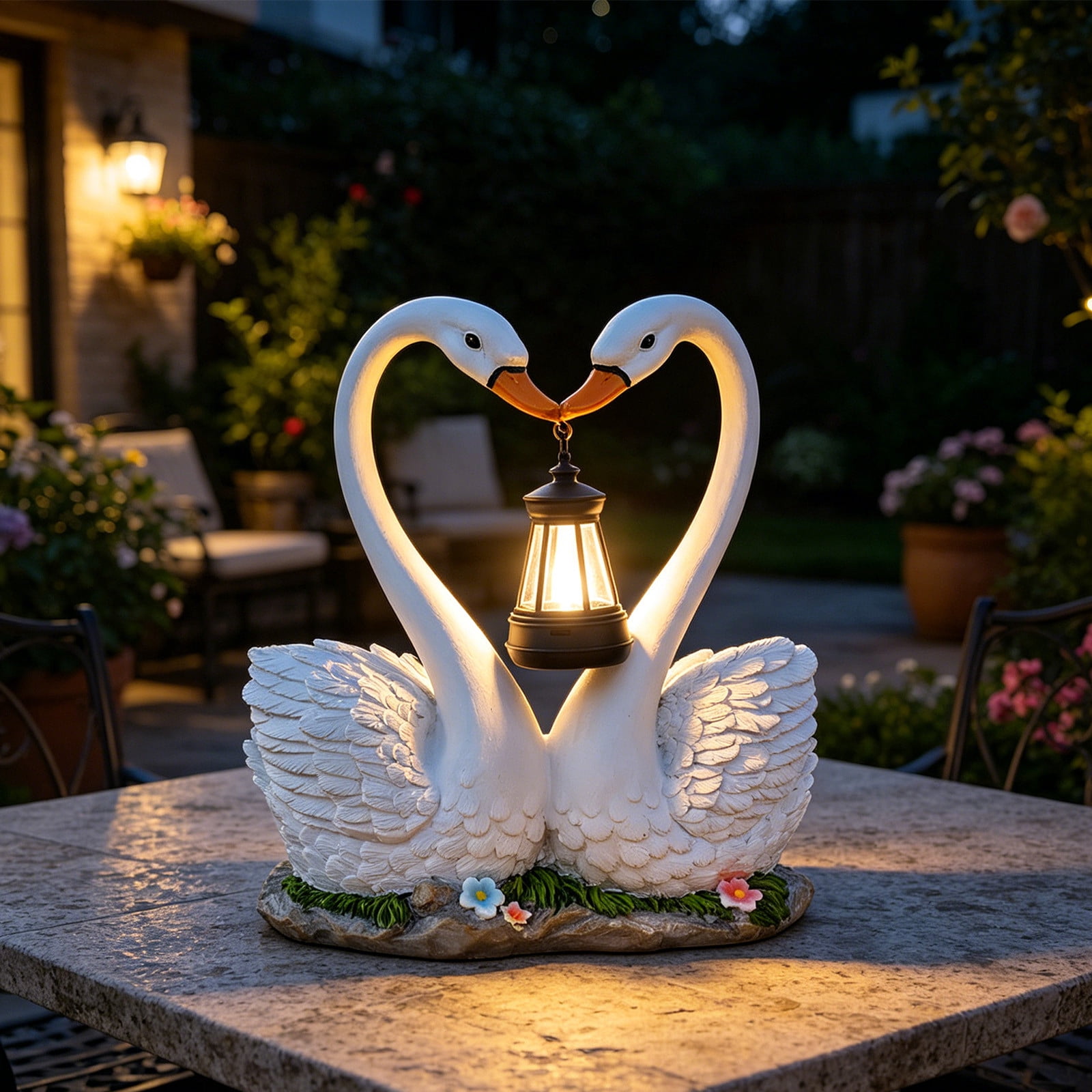Resin Swan Couple Garden Statue with Solar LED Lantern Waterproof Outdoor Love Heart Sculpture Romantic Yard Art Night Light