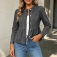 thumbnail image 3 of Iyufng Women's Round Neck Long Sleeve Denim Jackets Single Breasted Peplum Hem Casual Short Outerwear, 3 of 9