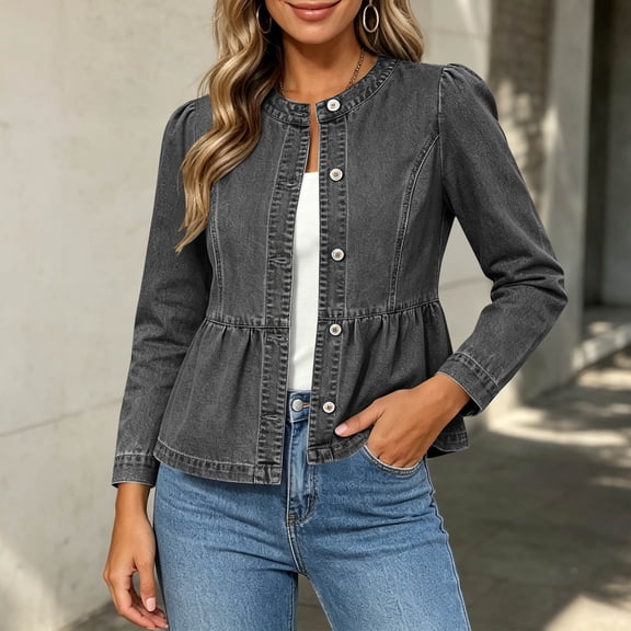Maqroz Denim Jackets for Women Fall Fashion Long Sleeve Crewneck Button Down Jean Coat Pleated Peplum Ruffle Hem Casual Trendy Outerwear