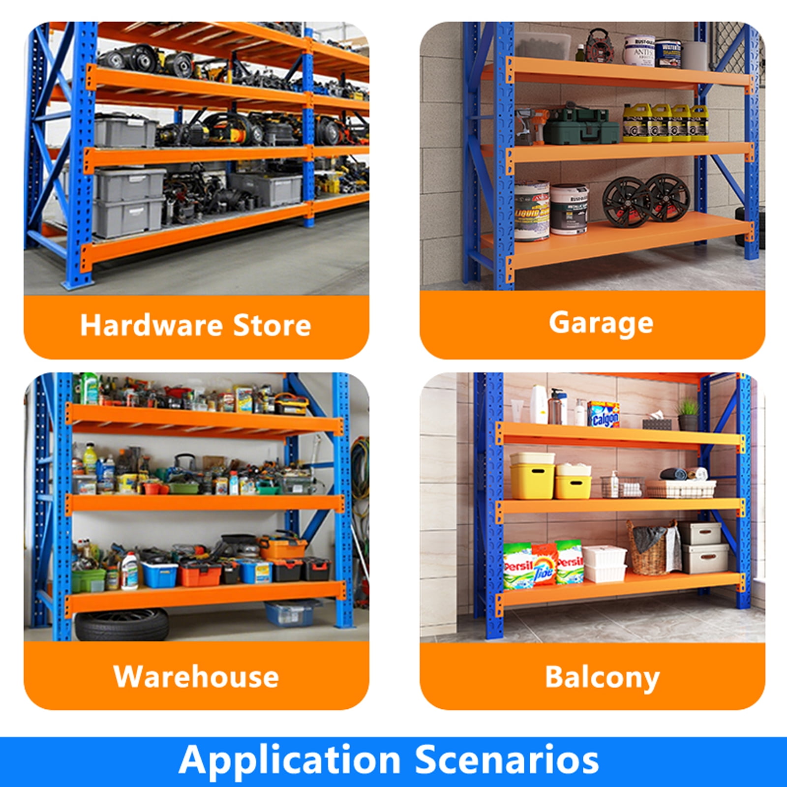 Heavy Duty Storage Rack Shelving Unit, 4-Tier Industrial Warehouse Shelf, Available in Blue-Orange, (Blue and Orange, W78.74*D23.62*H78.74)