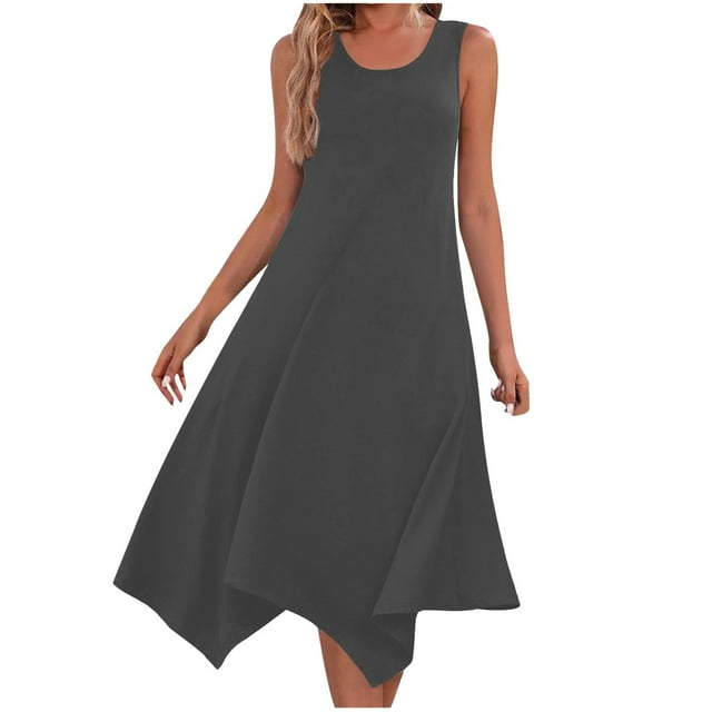 Swstbby Summer Savings Clearance! Womens Summer Dress, Womens Dresses Sleeveless Round Neck Drawstring Casual Ruffle A-Line Mini Dress Gray M
