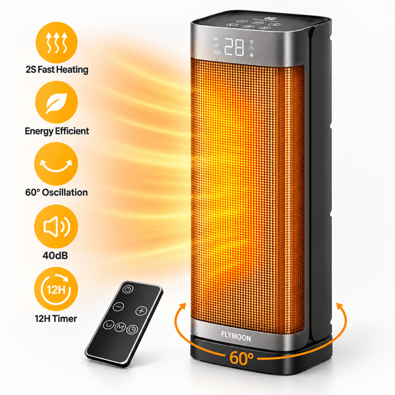 FLYMOON 1500W Portable Space Heater, 60° Oscillation Electric Heater with Remote Control for Home, Office, Bedroom