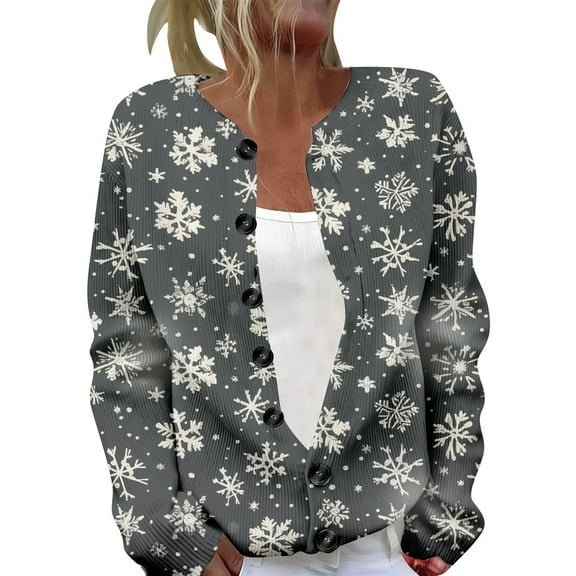 Tiweut Womens Casual Cardigans Christmas Santa Snowflake Graphic Button Down Cozy Fall Winter Holiday Long Sleeve Loose Fit Outwear Tops Grey,S