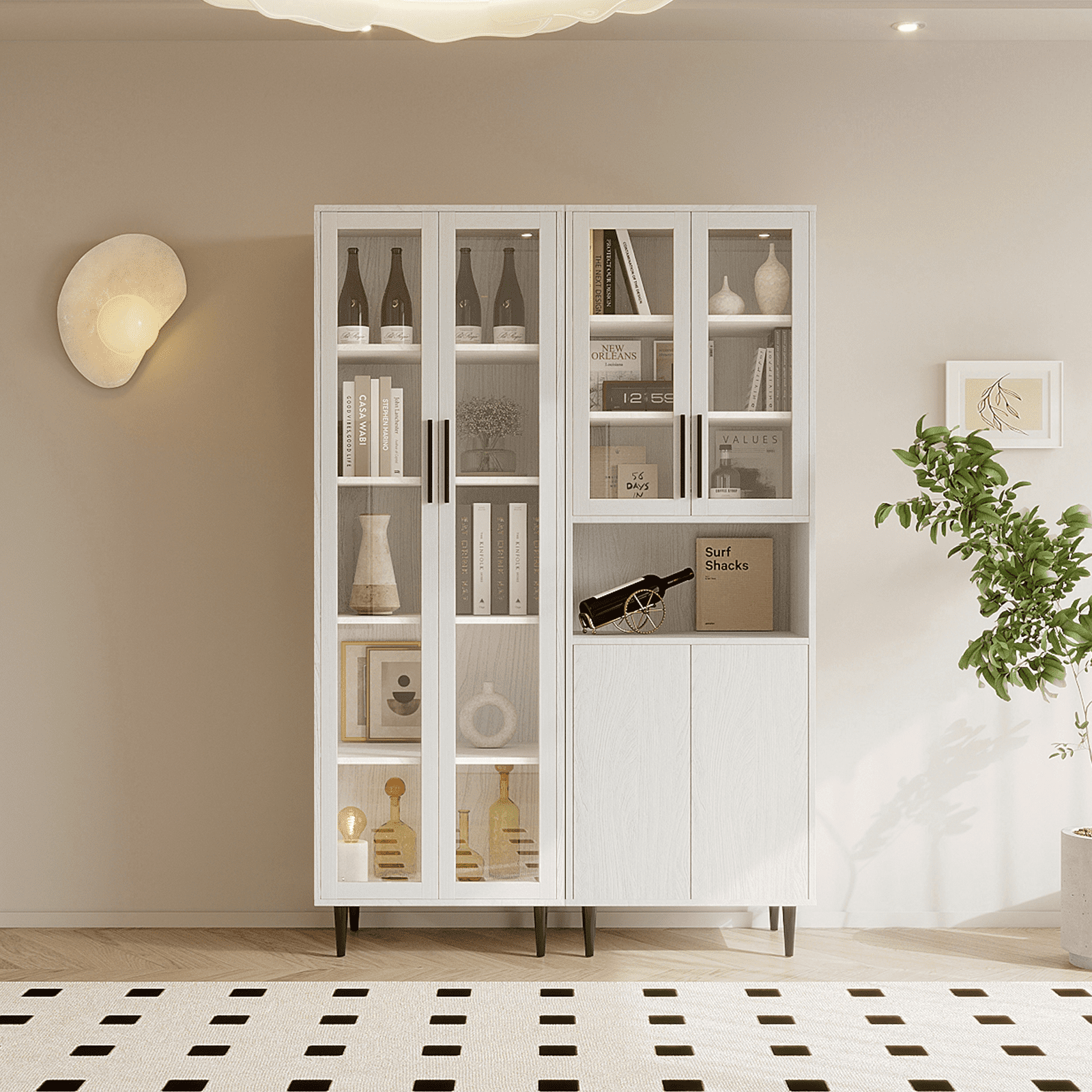 RichYa 71"H Tall Bookcase with Glass Door,4 Doors Display Bookshelf with Metal Legs,6 Tier Storage Cabinets for Living Room,Home Office,White