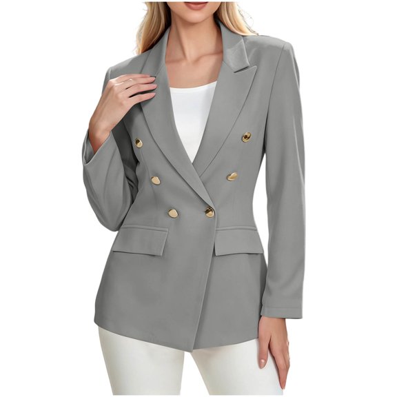 Qiggri Women's Blazer Lapel Collar Double Breasted Outerwear Long Sleeve Pockets for Spring Fall Office Casual Business Travel L