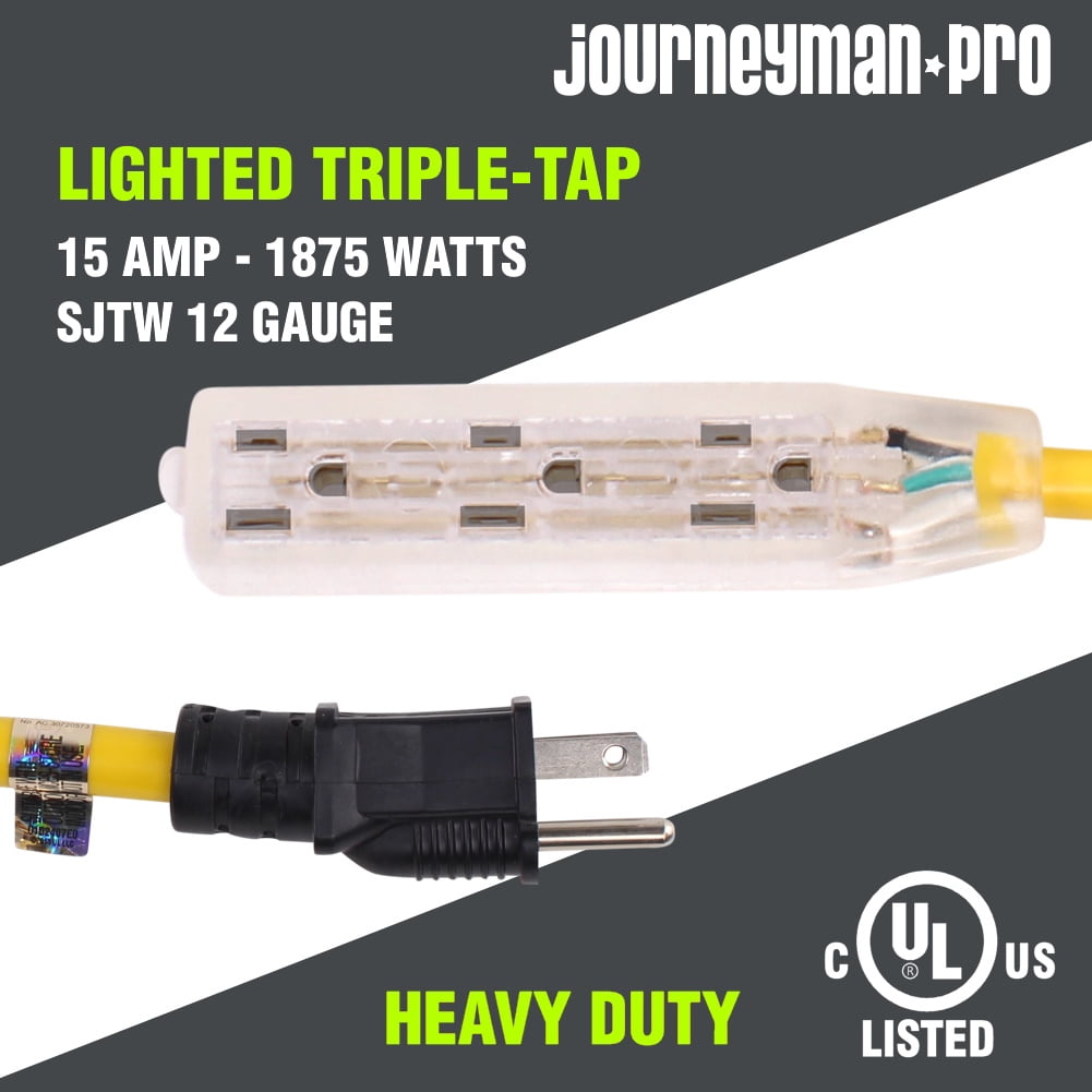 Lighted Outdoor Extension Cord - Heavy Duty Yellow Power Cable Splitter by Journeyman-Pro 5-15P to Three Electrical Outlets (Inline Triple-Tap) 5-15R 15 AMP 125 Volts Short 6' 10' FT (Yellow - 6 FT)