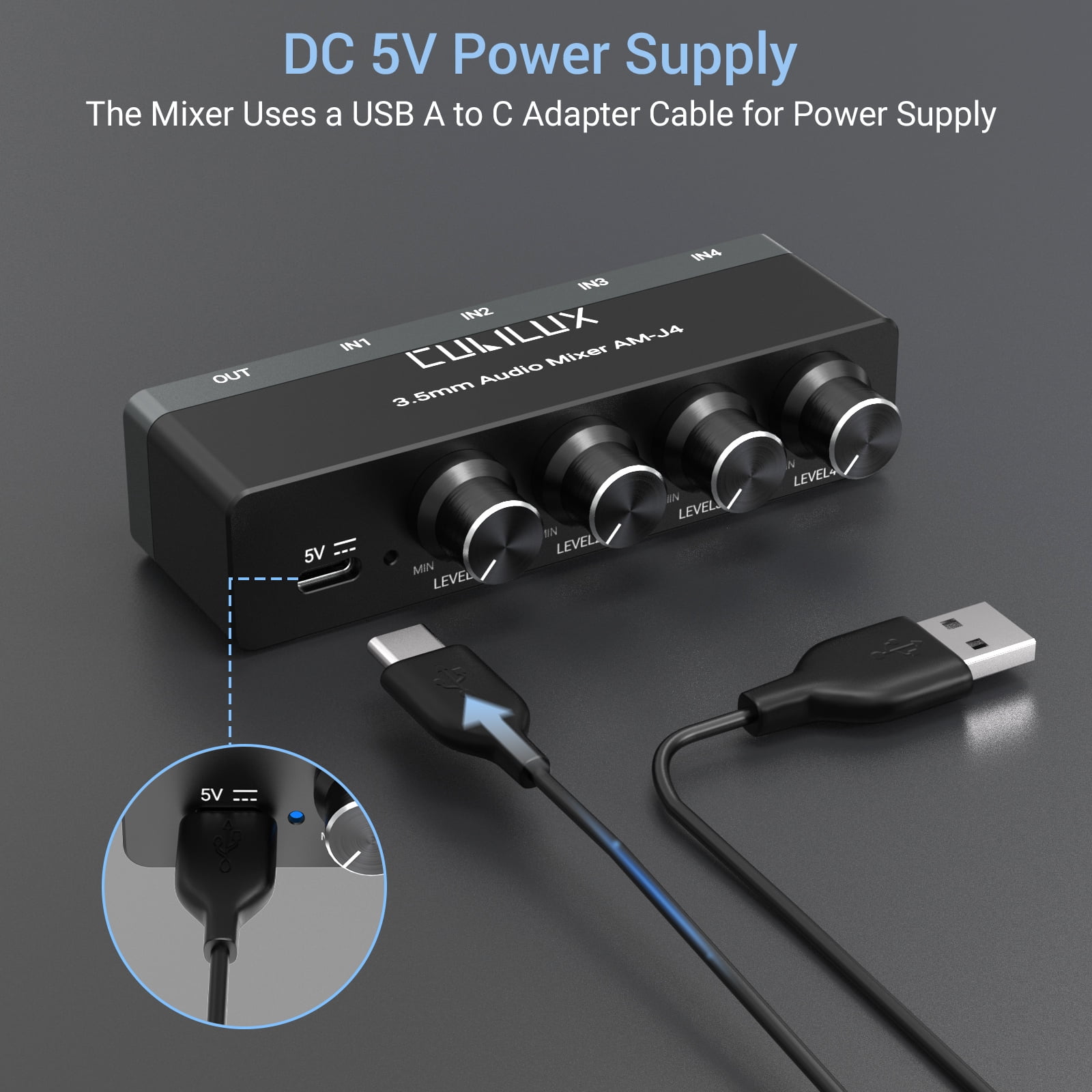Cubilux 4-Channel Mini Audio Mixer with 3.5 mm TS/TRS Stereo Input, Aluminum Low-Noise Sub-Mixer for Guitars, Keyboards, Bass