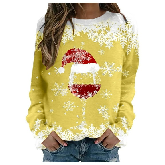 Womens Christmas Outfit Lightweight Crewneck Sweatshirt Snowflake Graphic Printed Plus Size Long Sleeve Tops (XL, Yellow 02)