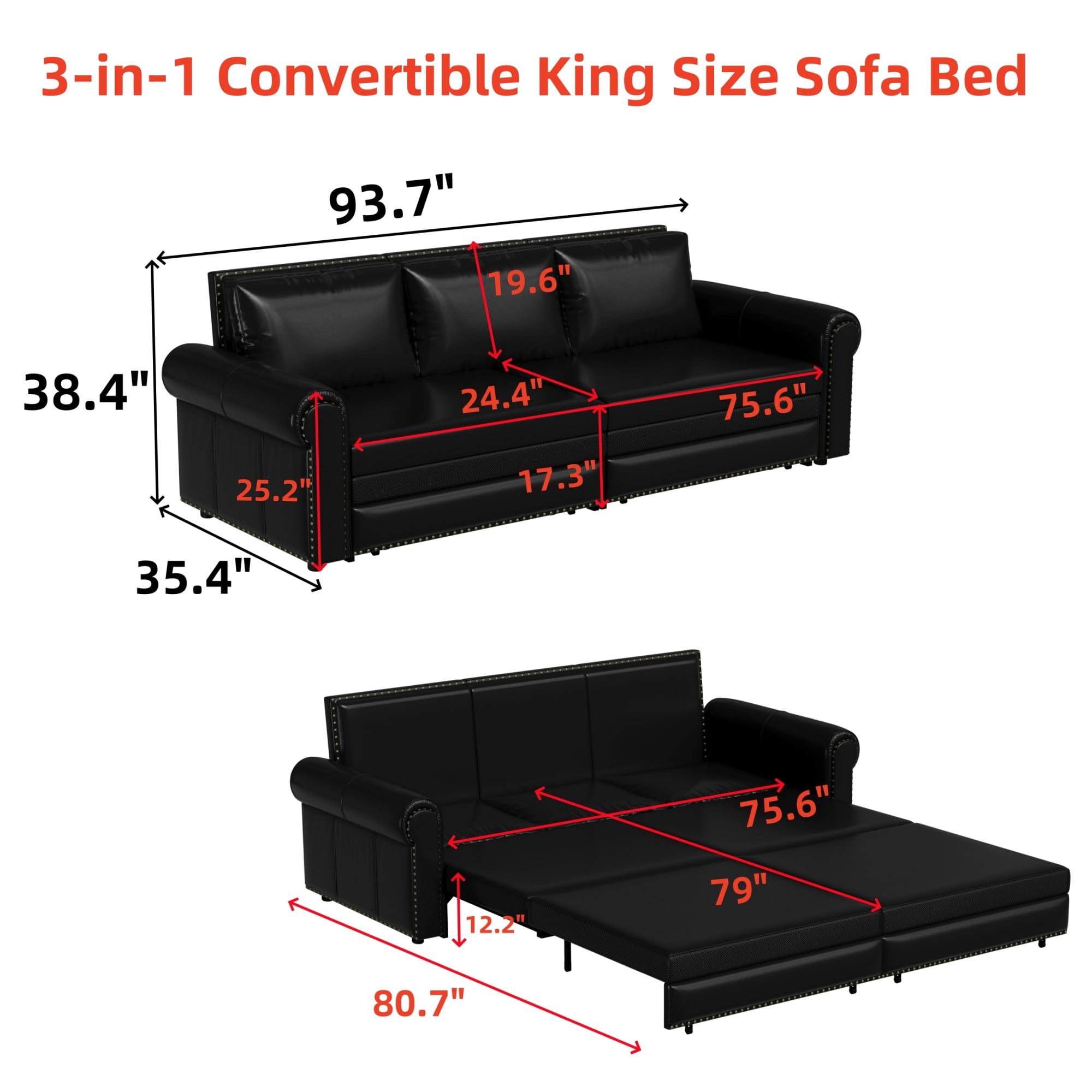 Aukfa 93.7" King Pull Out Sofa Bed, Faux Leather 3-in-1 Convertible Chesterfield Sleeper Sofa Couch with Nailhead Trim & Rolled Arms, Black