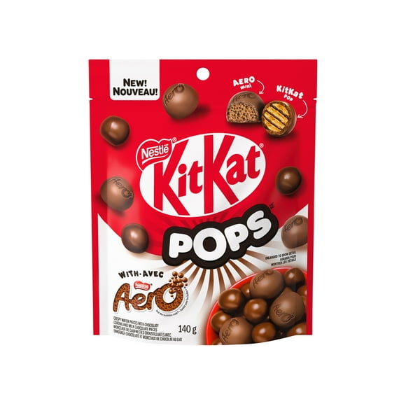 Kitkat POPS avec AERO&nbsp;Minis, gauf. croust. en enrob. choco. de KITKAT&nbsp;POPS, et choco. au lait AERO&nbsp;Minis aux bulles fondantes&nbsp;dans un sac pratique, cacao de sources durables 140 g