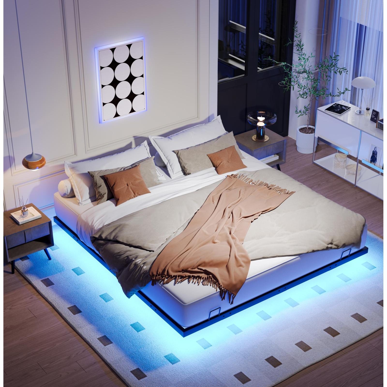 Miekor Furniture King Size Floating Bed Frames with LED Lights, Metal Platform Bed, Solid and Stable, Noise Free, No Box Spring Needed, Easy Assembly (King) 40481