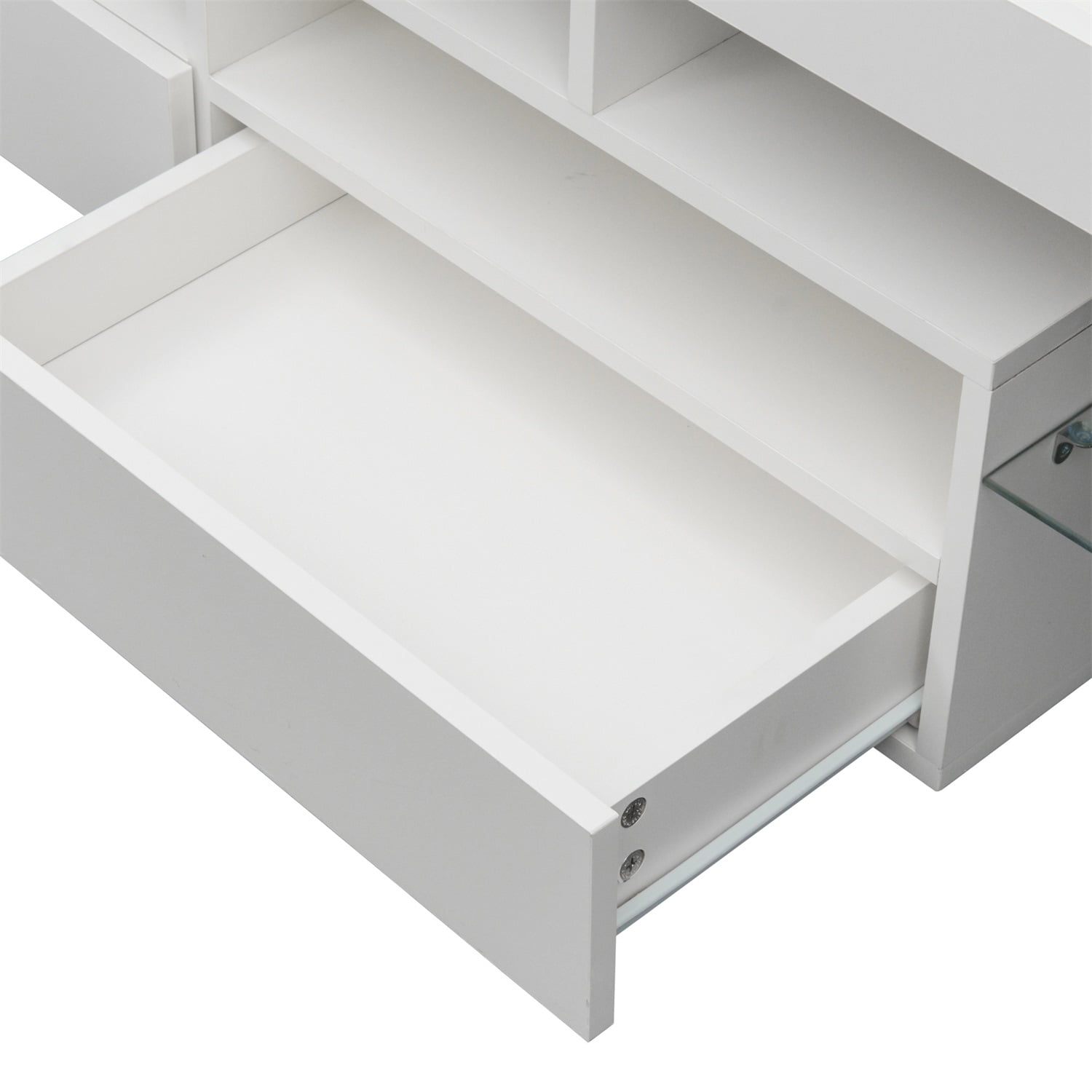 Kadyn LED Light TV Stand with Remote, Living Room Entertainment Center TV Stand with 2 Drawers & 2 Open Shelves, Particle Board TV Stand Cabinet with 20-color RGB LED lights, White Kadyn LED Light TV Stand with Remote, Living Room Entertainment Center TV Stand with 2 Drawers & 2 Open Shelves, Particle Board TV Stand Cabinet with 20-color RGB LED lights, White